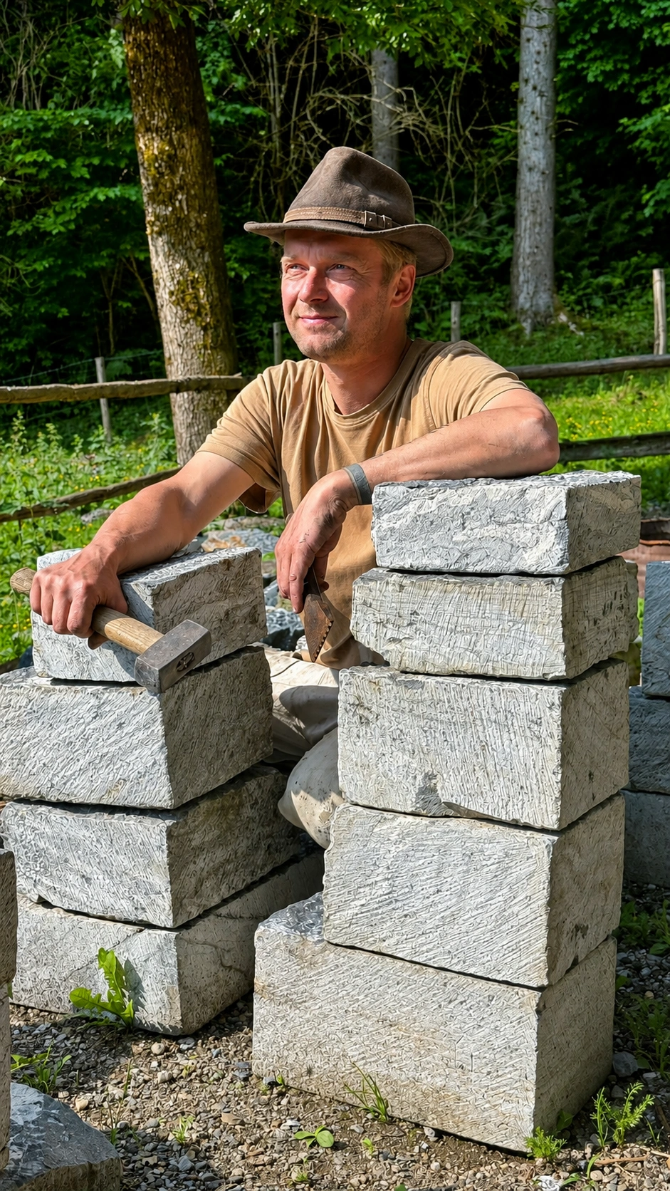 Stonemason shaping ashlar blocks