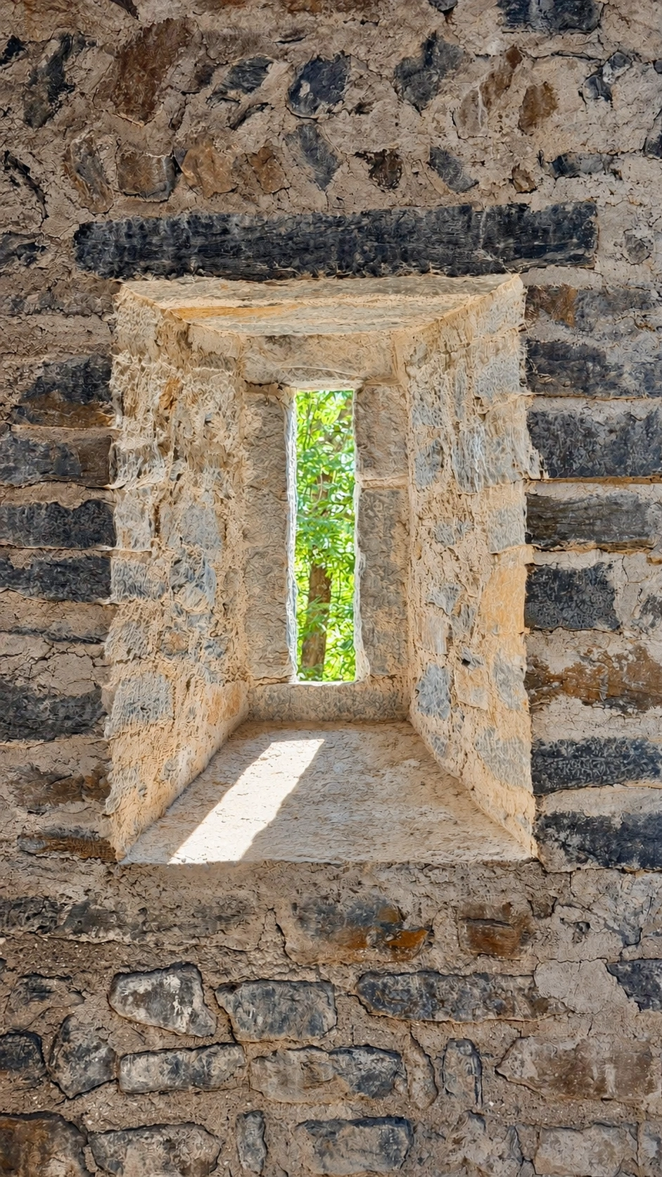 Schlitzfenster in der Schlafkammer, eingebaut in die Ostwand des Turms.