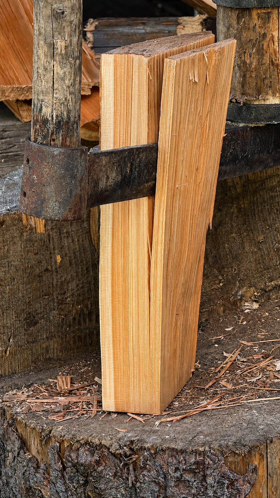 Here, the splitting tool is separating a shingle from the billet.
