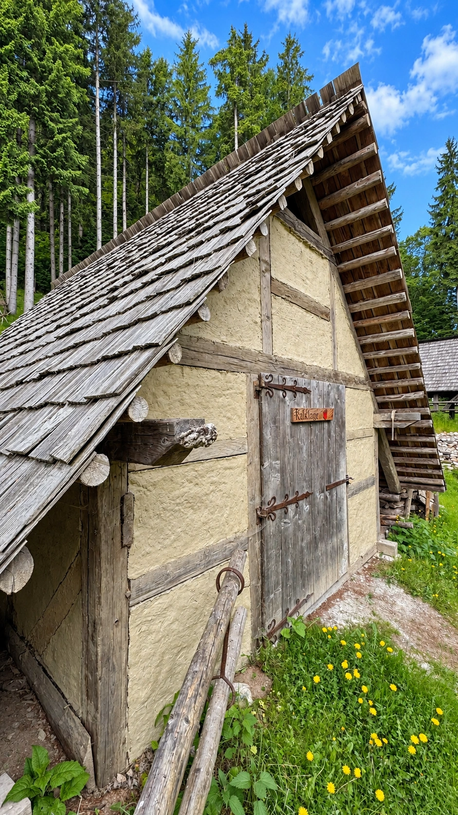 Side view showing shingles roof. Lime putty can remain in a pit for many years. The matured material is used for mortar, plaster and limewash.
