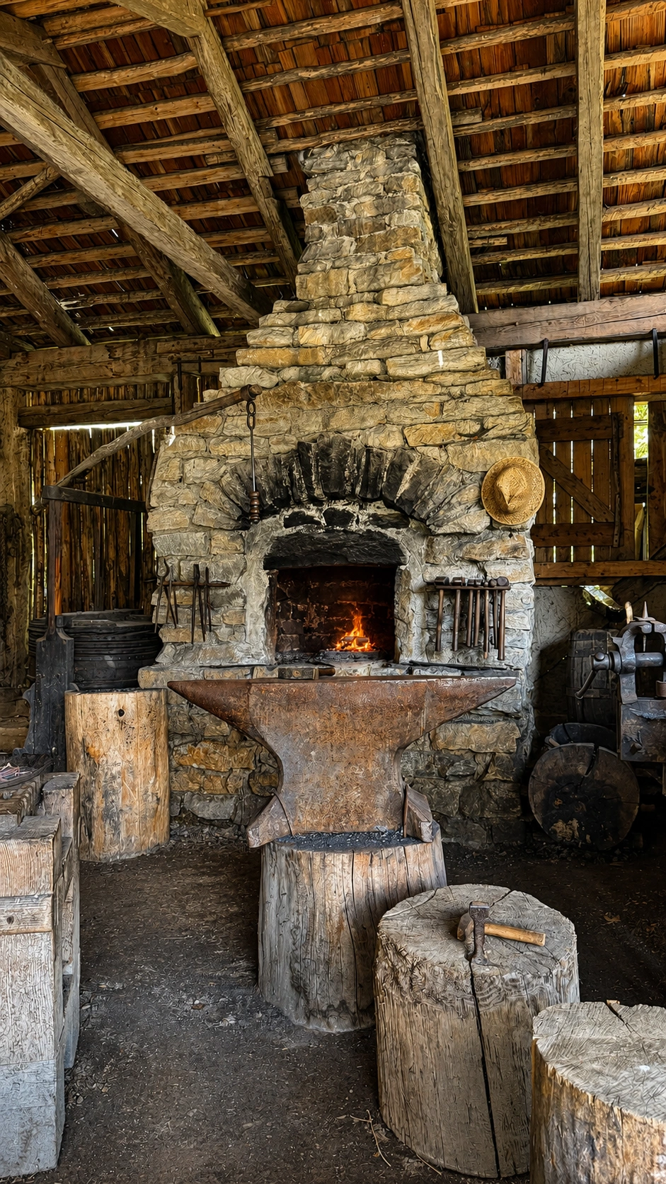 The forge, anvil and tools are arranged around an efficient workspace.