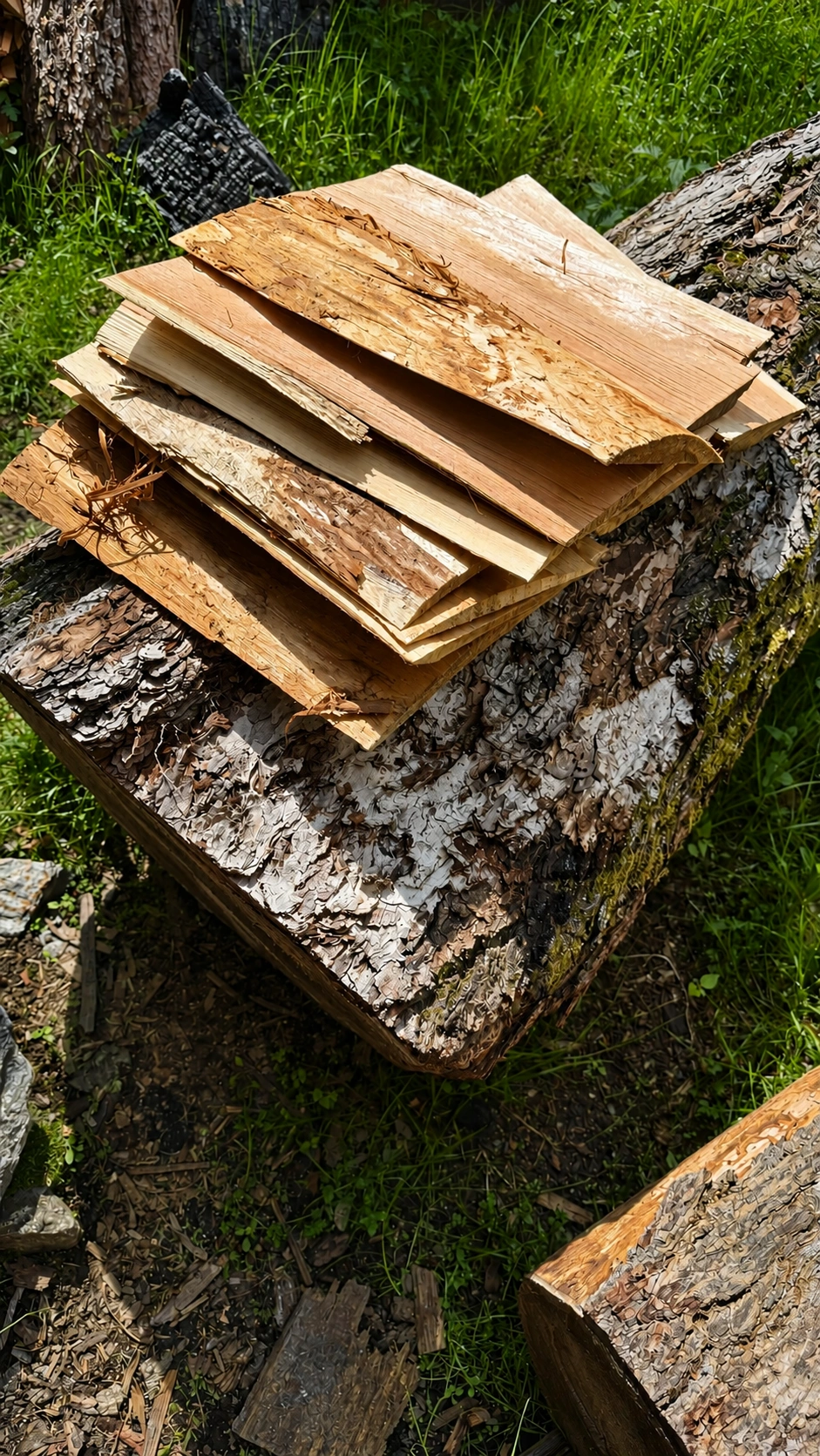 Here, finished shingles are stacked ready for bundling.