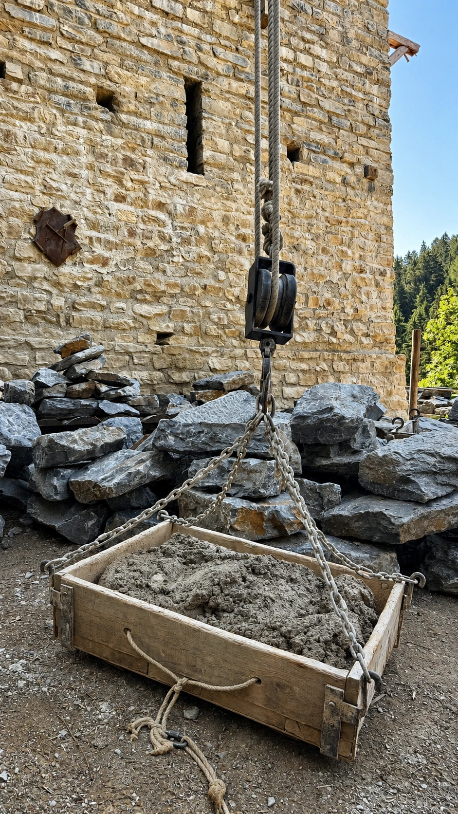 Wooden lifting box filled with stones, attached to a pulley system