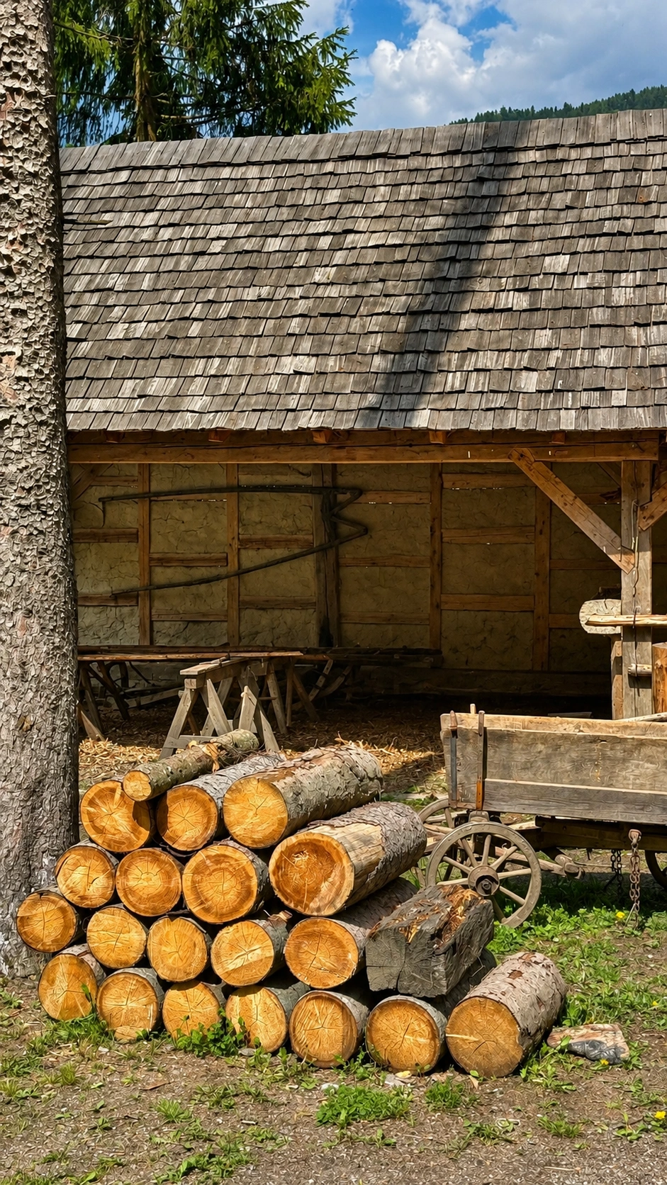 Holzbearbeitungsbereich neben der Sägehütte.