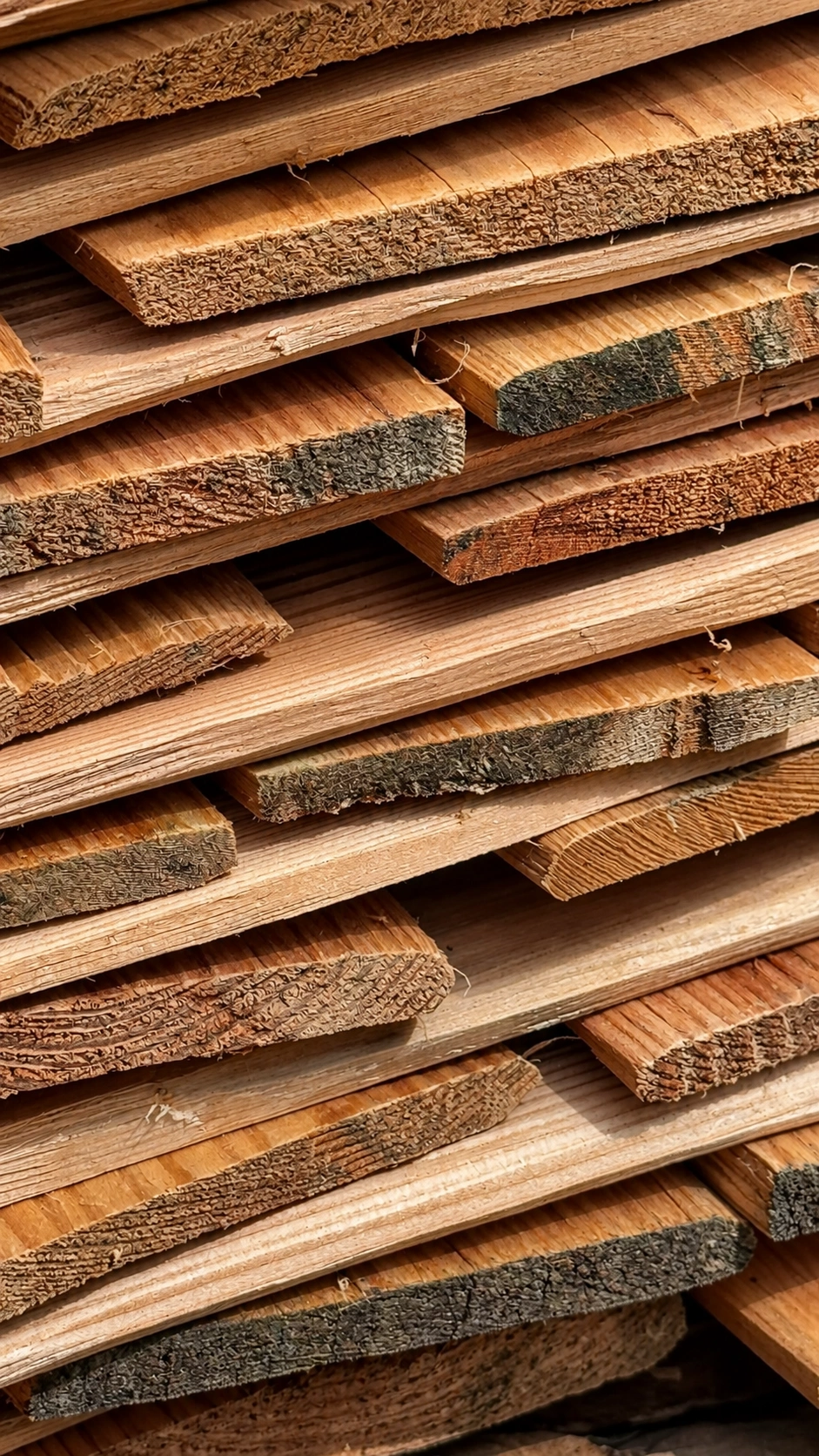 Here, the shingles are stacked. They are sorted according to their required thickness.